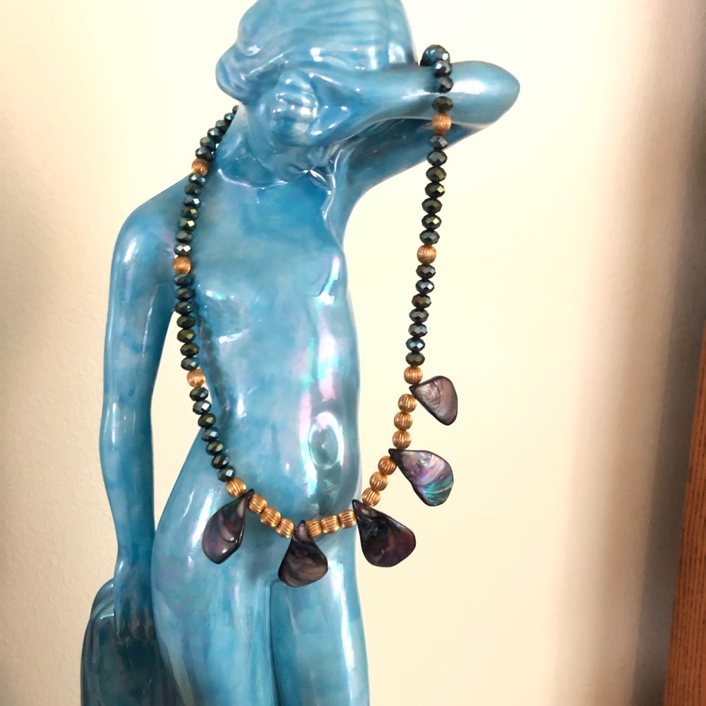 VTG ABALONE NECKLACE W/ GOLD & GLASS FACETED BEADS 22" & MATCHING EARRINGS SET